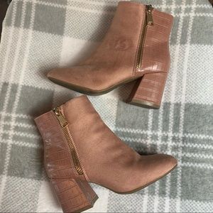 Pink Suede Heeled Booties With Zipper